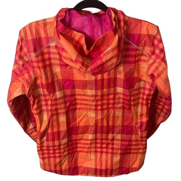 Columbia Girls Hooded Mesh Lined Rain Jacket Coat Plaid Pink Orange Size Large - Picture 3 of 4